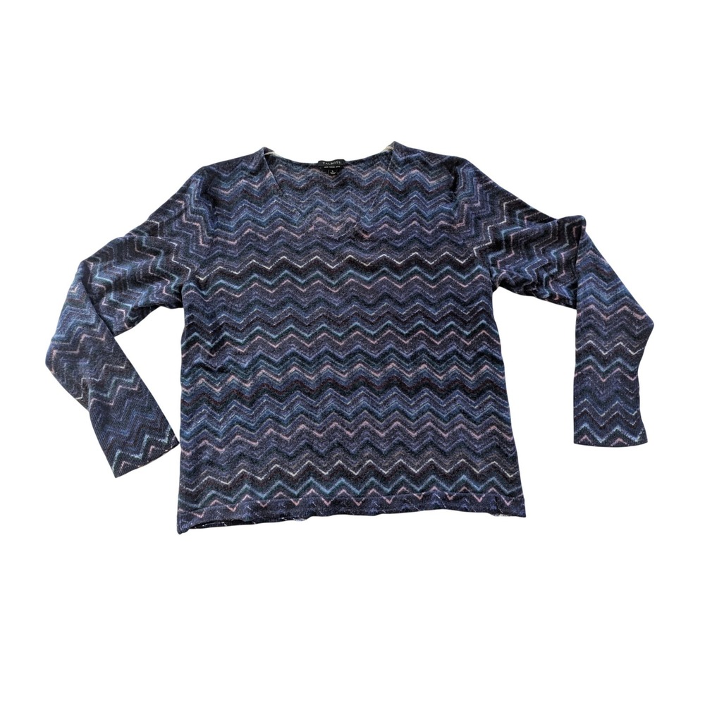 Talbots Sweater Women L Blue Merino Wool Chevron Zigzag V-Neck Dark Academia